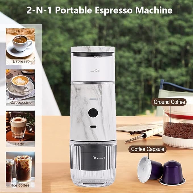 Portable Espresso Machine 2 in 1 Travel Coffee Machine Compatible with Cup Capsules and Ground Coffee Water Tank Capacity 100ml Portable USB Charging Suitable for Camping HikingSilver