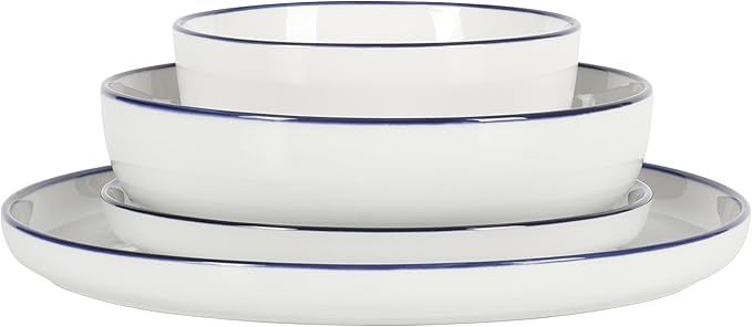 Gibson Home Oslo 16-Piece Porcelain Ceramic Chip &amp Scratch Resistant Dishes Microwave &amp Dishwasher Safe Plates and Bowls Dinnerware Set White w/Blue Rim