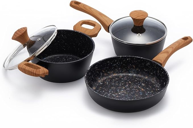 3-Piece Nonstick Cookware Set 8.5 Inch Frying Pan &amp 2 Pots with Lids | PFAS &amp PFOA Free Non-Toxic Coating | Induction Compatible Dishwasher Safe | Pots and Pans Set for Beginner Kitchen