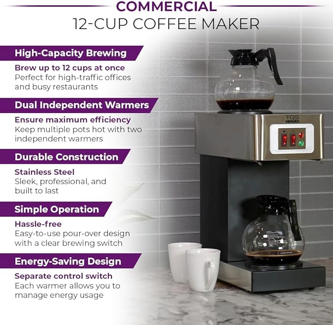 12-Cup Commercial Coffee Maker Stainless Steel - Double Coffee Machine for Office Restaurant Industrial Use - High Capacity Office Coffee Maker - TQS Cafe