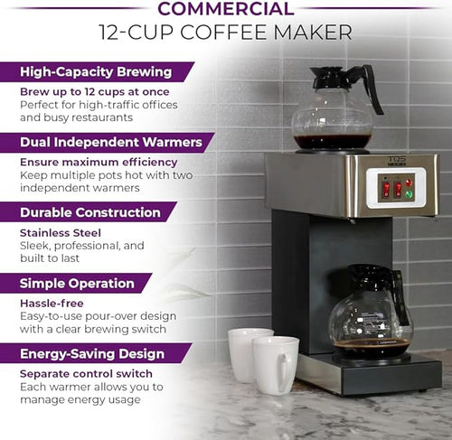 12-Cup Commercial Coffee Maker Stainless Steel - Double Coffee Machine for Office Restaurant Industrial Use - High Capacity Office Coffee Maker - TQS Cafe