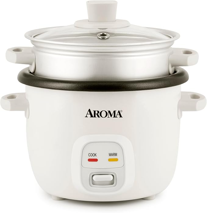 AROMA® Rice Cooker 2-Cup (Uncooked) / 4-Cup (Cooked) Steamer Grain Cooker Soup Maker Oatmeal Cooker Auto Keep Warm 1 Qt White ARC-302-1NG