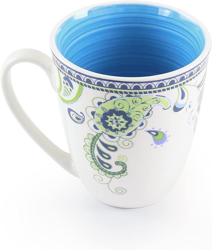 Blue Fiesta 16 Piece Porcelain Dinnerware Set – Round Mandala Plates Bowls &amp Mugs in Vibrant Blue and Green – Microwave &amp Dishwasher Safe Tableware for 4