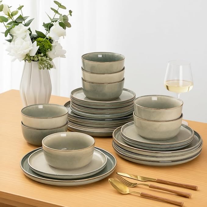 AmorArc Ceramic Dinnerware SetsRound Reactive Glaze Stoneware Plates and Bowls SetHighly Scratch Resistant | Dishwasher &amp Microwave Safe DishesService for 6 (18pc)