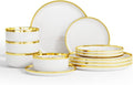 12-Piece Porcelain Dinnerware Set for 4 Kitchen Plates and Bowls Sets Handmade Ceramic Dish Set with Gold Rim White Non-Microwave &amp Non-Oven Safe