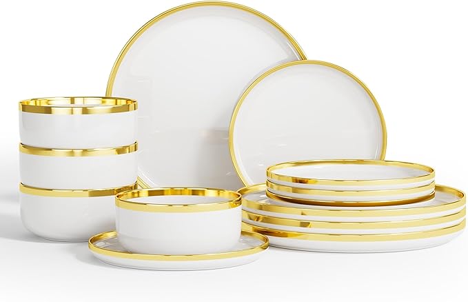 12-Piece Porcelain Dinnerware Set for 4 Kitchen Plates and Bowls Sets Handmade Ceramic Dish Set with Gold Rim White Non-Microwave &amp Non-Oven Safe