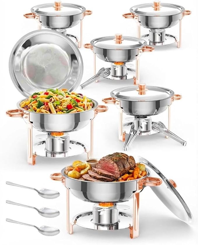 Superior 5QT Round Stainless Steel Chafing Dishes Buffet Set – Glass Lids Spoon &amp Tweezers Food Warmer Server for Catering &amp Events Rose Gold – 6-Pack 6-Piece Set