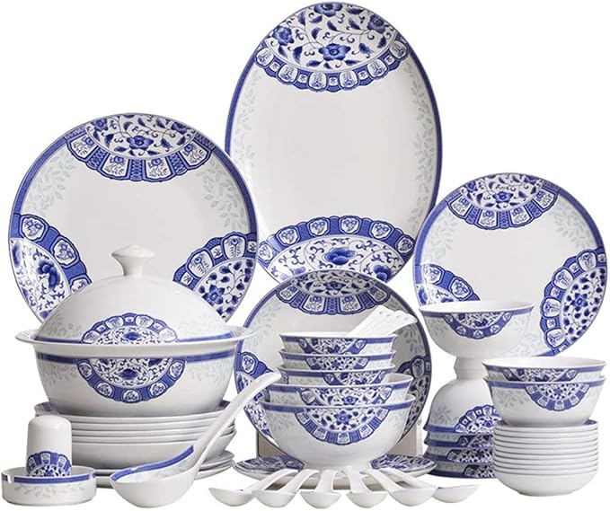 Creativity Ceramic Dinner Plate Sets 58 Piece Dinnerware Set Service for 6-8 Blue and White Pattern Bone China Bowls and Dish Set