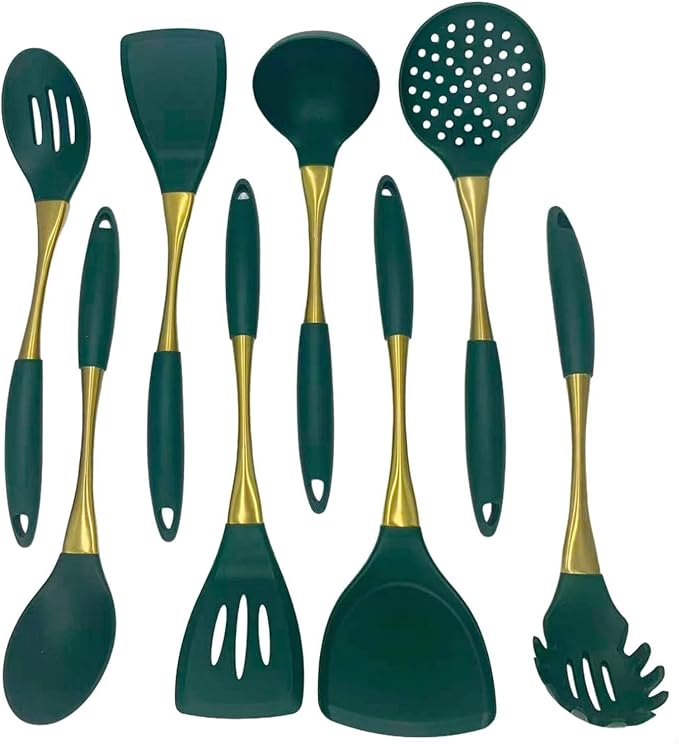 8-Piece White Kitchen Utensil Set with Gold Handles Stainless Steel Cooking Tools Includes Spatulas Ladle Spoons for Nonstick Cookware (Gold and Green)