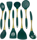 8-Piece White Kitchen Utensil Set with Gold Handles Stainless Steel Cooking Tools Includes Spatulas Ladle Spoons for Nonstick Cookware (Gold and Green)