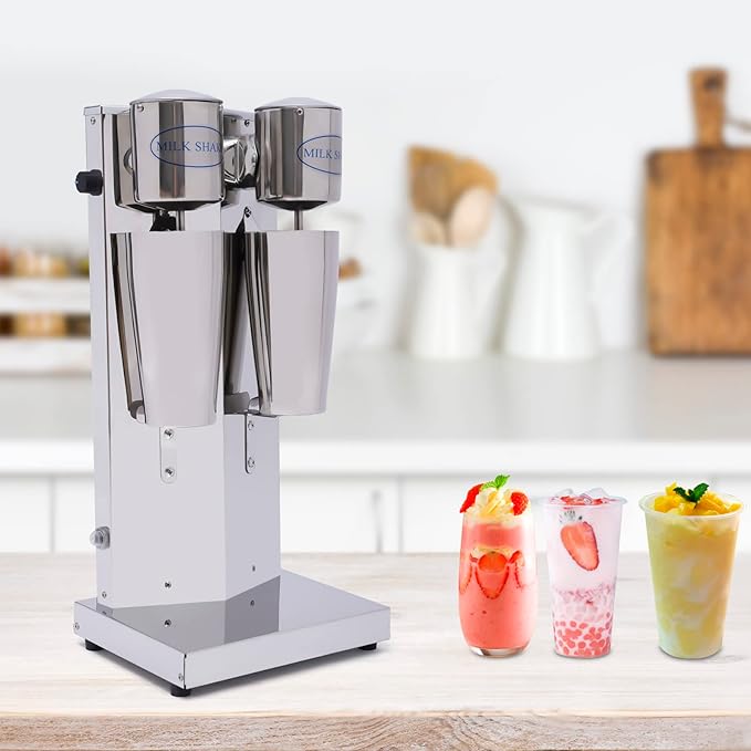 Milkshake Maker 110V 180W Commercial Stainless Steel Double Heads Electric Silent Milk Shake Machine Two-Speed Ice Cream Machine Smoothie Mixer with 800ml Cups and Ice Shovel for Dessert Stores