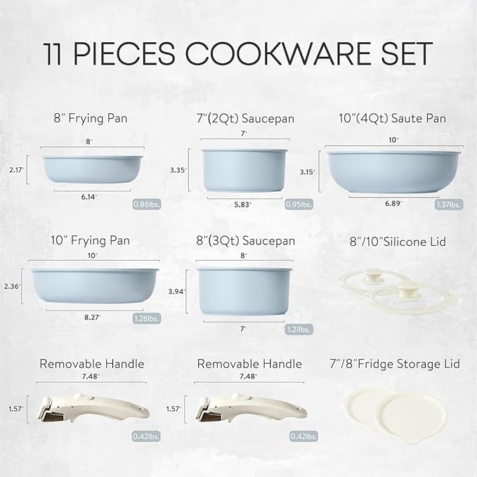 Pots and Pans Set Non Stick Cookware Set with Detachable Handles 5/11 Piece Ceramic coating Cooking Set with Frying Pan Saucepan Stock Pot Suitable for All Stovetops Dishwasher Safe (White11)