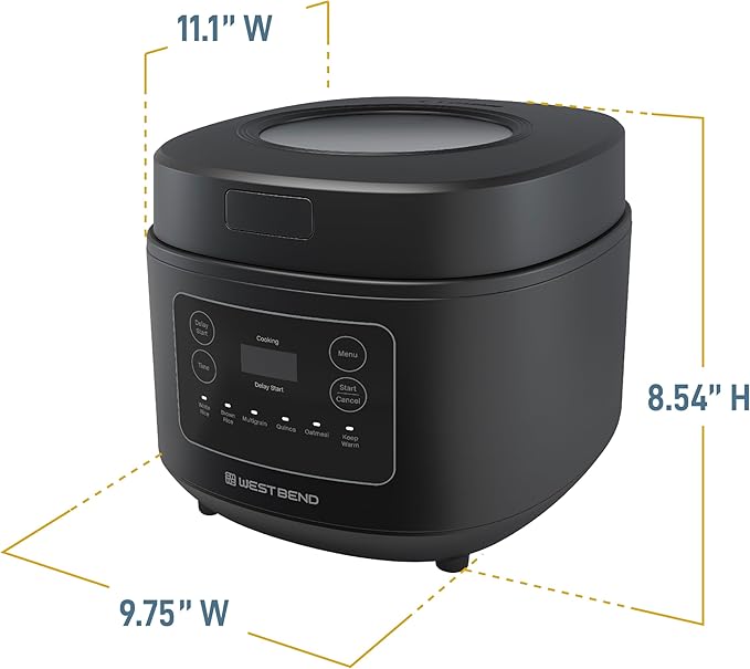 West Bend Programmable Rice &amp Grain Cooker with 7 Preset Functions Includes Delay Start and Keep Warm Features Easy View Window &amp Steam Basket 12 Cups Cooked (6 Uncooked) Black