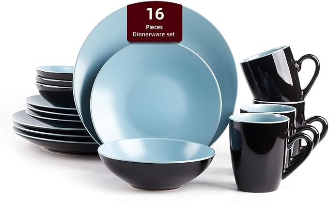 Colors Life Dinnerware SetOutside Shinny Black + Inside Matte Finished Color (16pc Set Turquoise)