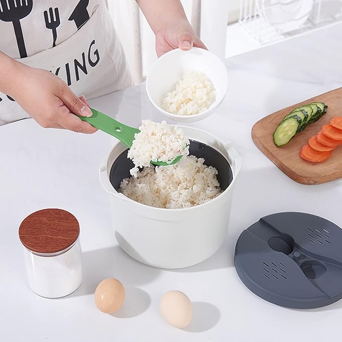 Microwave Rice Cooker 2L Microwavable Rice Steamer Pasta Cooker Non-stick Food Grade PP Rice Cookware Full Set with Lid Spatula and Strainer for Home Meal Prep Baking Noodle Vegetable (Green)