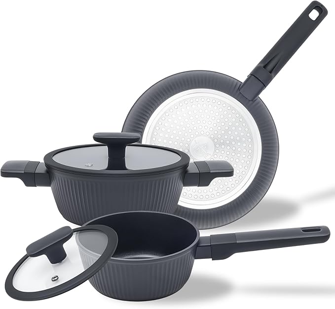 Nonstick Cookware Set Non Toxic 3-Piece Pots and Pans Set PFOA/PTFE Free Induction Ready &amp Dishwasher Safe Ceramic Coating for Easy Release