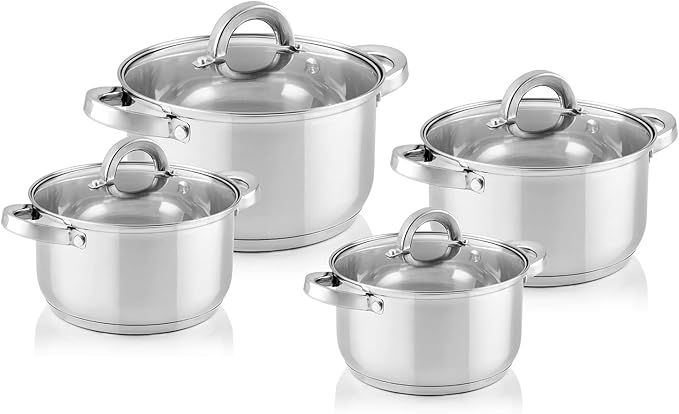 FLORINA 8-Piece Stainless Steel Saucepan Set | Pots with Glass Lid | Induction Gas Electric Cooker Compatible