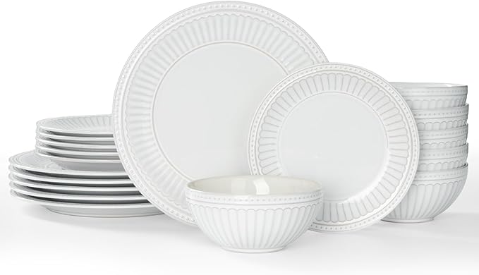 Famiware Garden Plates and Bowls Sets 18-Piece Dishes Set for 6 Scratch Resistant Kitchen Dishes Dinnerware Set - Microwave and Dishwasher Safe Reactive Glaze and Embossed Stoneware White