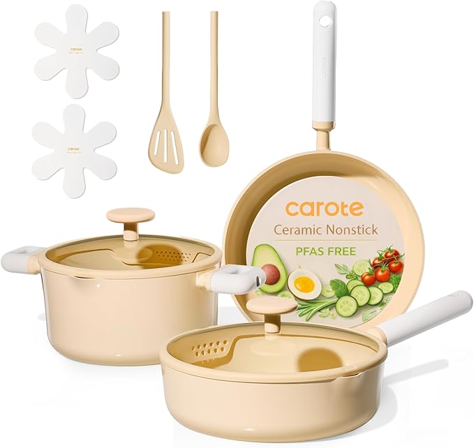 CAROTE Pots and Pans Set Nonstick Ceramic Cookware Set Yellow Cooking Set Kitchen Induction Set with Steamer PFAS PTFE Free9 Piece