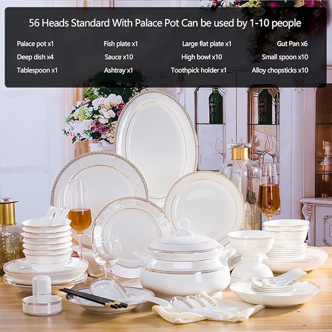 Dinnerware Sets - Luxury Gift Dishes Service Set 56PCS Ceramic Dinnerware Set Bone China Tableware Dishes Plates Ceramic Combination Dinner Service Set Porcelaine Service for 10(56 Standard pots)