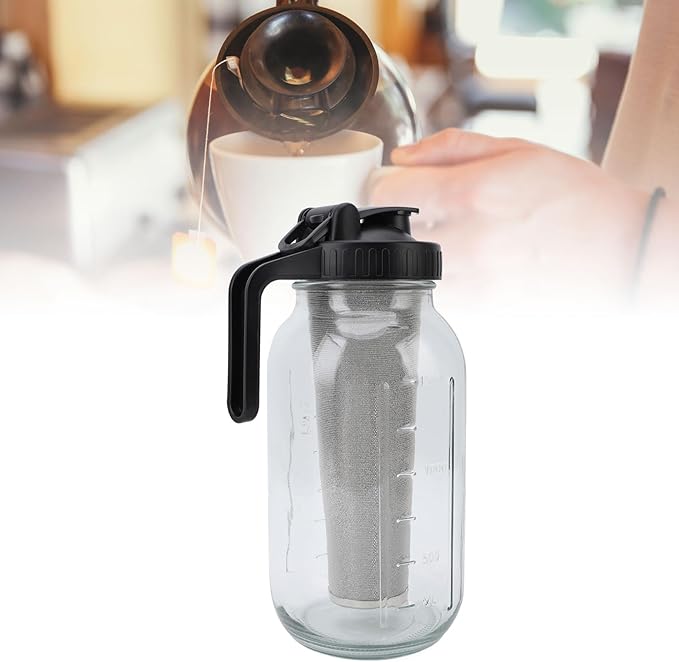 Cold Brew Coffee Maker Pitcher Iced Coffee Maker with Stainless Steel Thick Glass Jar Spout Lid and Handle Dishwasher Safe (2000ml)