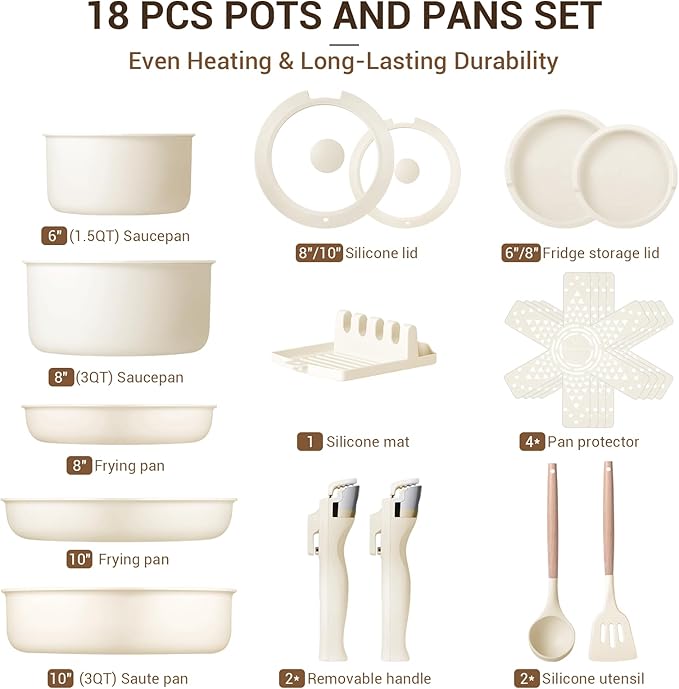 Ammeloo Cream 18-Piece Ceramic Pots and Pans Set &amp Black 22-Piece Baking Pans Set Stackable Bakeware