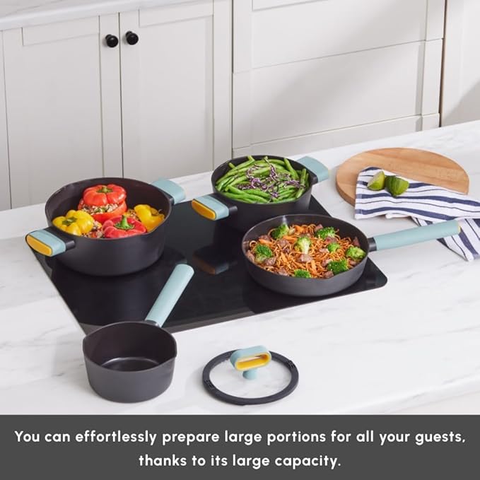 KARACA Fancy Ceramic Cookware Sets Black Kitchen Pots &amp Pans Set Non Stick with Lid Swiss Crystal Surface Induction Cooking Utensils 7-Piece Dishwasher Safe