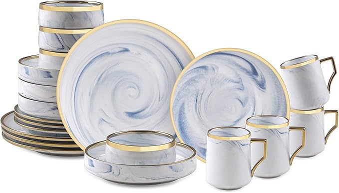 20 Piece Plates and Bowls Sets Fine China Artisan Marbled Dinner Set for 4 Dishwahser Safe Scratch Resistant Blue with Gold Line