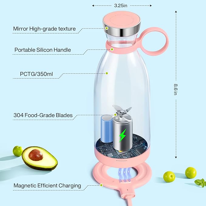 Portable BlenderFashion Portable Blender for Shakes and Smoothies 11.8 OzMagnetic USB Fast Charging Mini Mixer BottleTake It for Traveling Outdoor Gym Office Cars Gift -PK