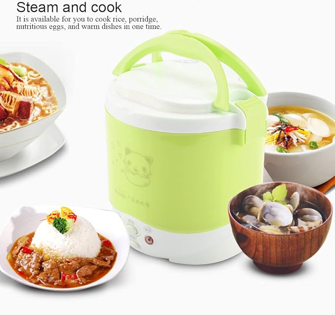 Fdit Rice Cooker 12V 100W 1L Electric Portable Multifunctional Green Food Grade PP Material for Car and Home