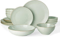 Famiware Jupiter Stoneware Dinnerware Sets for 4 (16-Piece) Handcrafted Dishes Set with Embossed Swirl &amp Speckles Green - Includes Scratch Resistant Pasta Bowl &amp Dinner Plate for Daily &amp