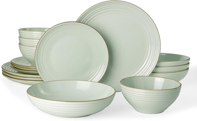 Famiware Jupiter Stoneware Dinnerware Sets for 4 (16-Piece) Handcrafted Dishes Set with Embossed Swirl &amp Speckles Green - Includes Scratch Resistant Pasta Bowl &amp Dinner Plate for Daily &amp