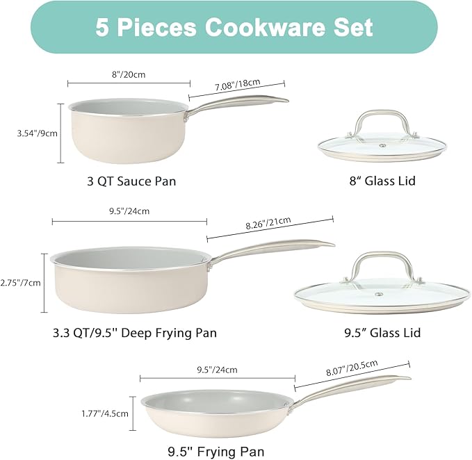 5PC Induction Cookware Set with Tempered Glass Lids Ultra Nonstick Pots and Pans Set with Stainless Steel Handle Oven Safe and Dishwasher Safe Non Toxic &amp Ceramic Cooking Set Cream White
