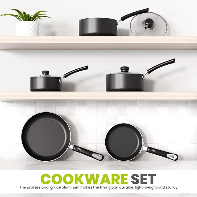 KICHLY Kitchen Pots and Pans Set Non Stick 5pcs Induction Frying Pans 20cm 28cm Saucepan with Lids 20cm 18cm Non Induction Saucepan 16cm Bakelite Handles Oven and Dishwasher Safe Pots Set Black