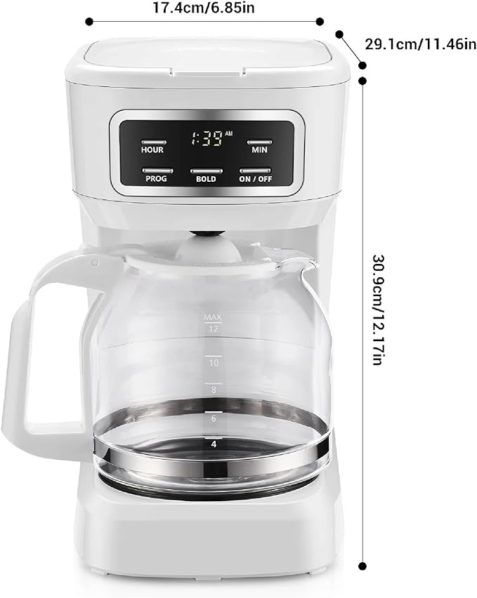 12 Cup Programmable Coffee Maker with Glass Carafe LED Display White