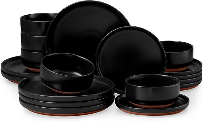 E-far 18-Piece Stoneware Plates and Bowls Sets Dinnerware Sets for 6 Ceramic Dishware Dishes Set with Terracotta Base Chip &amp Scratch Resistant Microwave &amp Dishwasher Safe Matte Black