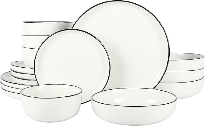 Gibson Home Oslo 16-Piece Porcelain Dinnerware Set Service for 4 – White Plates with Black Rim Microwave &amp Dishwasher Safe
