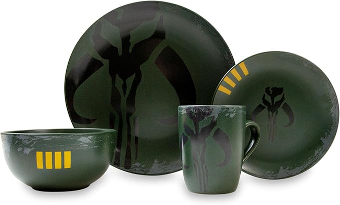 Star Wars Boba Fett Mandalorian Dinnerware Dining Set | Official Star Wars Collectible Stoneware Display | Includes Plates Bowl And Mug | 4-Piece Set