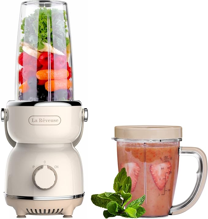La Reveuse Personal Size Blender 300 Watts for Shakes Smoothies Seasonings Sauces with 17 oz Cup / 10 oz MugRetro Style