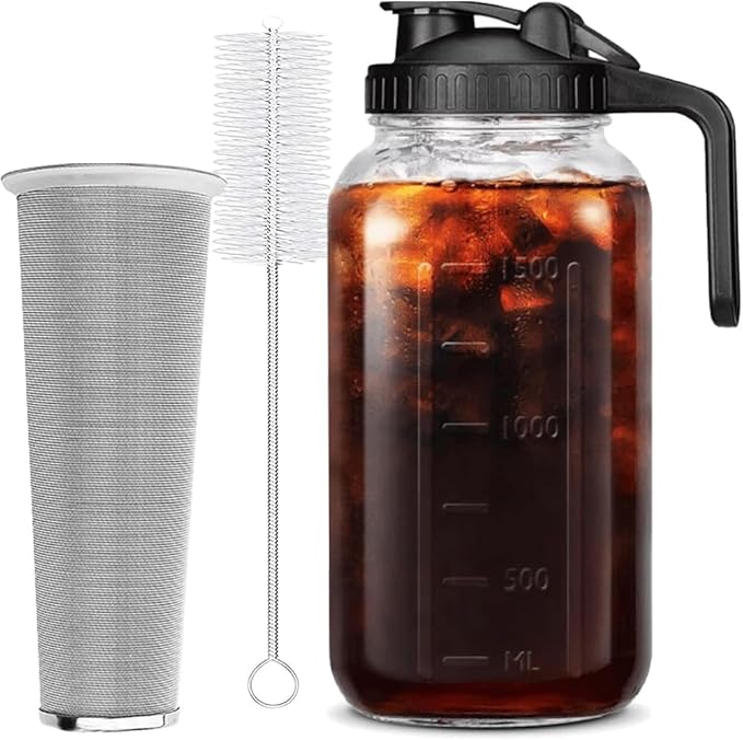 64 oz (2 Quart) Black Cold Brew Coffee Maker Iced Tea Machines Thick Glass with Pour Spout Handle Lid Stainless Steel Filter for Iced Coffee Fruit Drinks or Sun Tea (1)