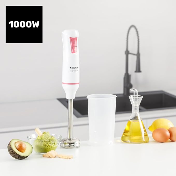 Taurus – 1000 Stainless Steel Robot Hand Blender | 2 Speeds + Turbo | Stainless Steel Blades | Splash Proof Bell | Ergonomic | BPA Free Dishwasher Safe White