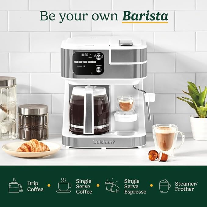Cuisinart Coffee Center Barista Bar 4-in-1 Coffee Maker Single-Serve Pods Compatible Coffeemaker Three Brewing Sizes SS-4N1WNAS White