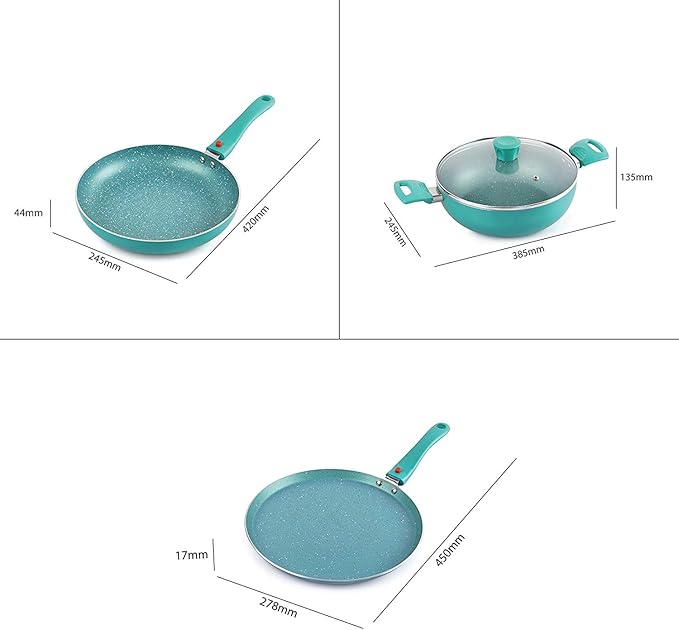 Cookwell Granite Induction Base Non-Stick Aluminium Cookware Set 3-Pieces Green