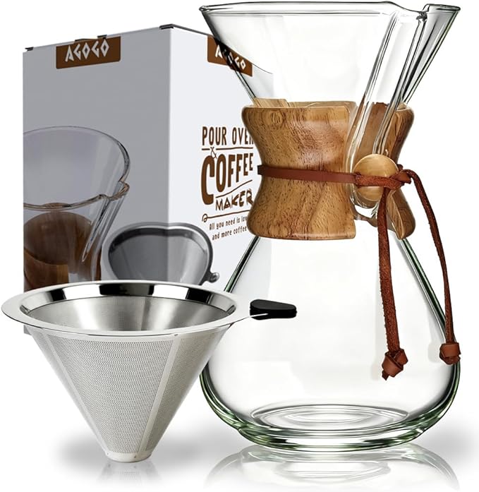 AGOGO Pour Over Coffee Maker Glass - 8 Cup Barista Kit with 304 Stainless Filter for Home Office Camping Cafes - Easy Clean Coffee Dripper Set (Soft Towel&ampBrush) (8 Cup/28 oz)