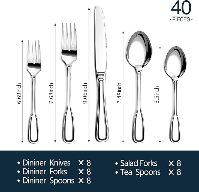 Silverware Set for 8 Heavy Duty Stainless Steel Cutlery Set with Wide Handles Mirror Polished Utensils Spoons and Forks Set for KitchenDishwasher Safe (Silver 40 Pieces for 8)