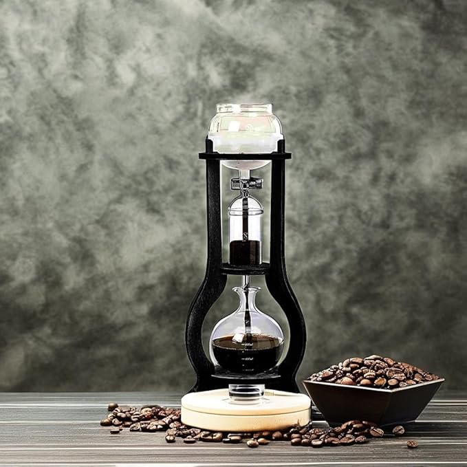 Iced Coffee Cold Brew Drip Tower Coffee Maker Wooden 6-8 cup for Making Delicious Cold Extracted Coffee At Home In Shops Cafes And Offices（Grey Clear）