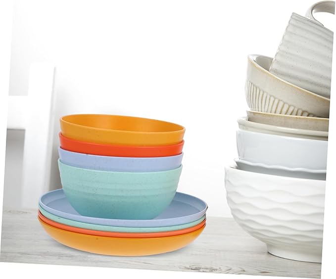 Alipis 12pcs Modern Wheat Straw Plastic Dinnerware Set Microwave Safe Plates Bowls Cups for Boys and Girls Toddlers Camping