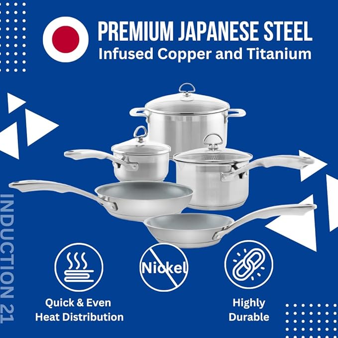 Chantal Induction 21 Steel 8 Piece Cookware Set with Ceramic Coated Fry Pans 8 pc Set