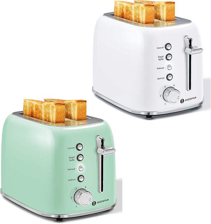 Aigostar Toaster 2 Slice Retro Toaster Stainless Steel 1.6 inch Extra Wide Slots Bread Toaster Bagel Cancel Defrost Function 6 Shade Settings &amp Removable Crumb Tray for Bread Waffle