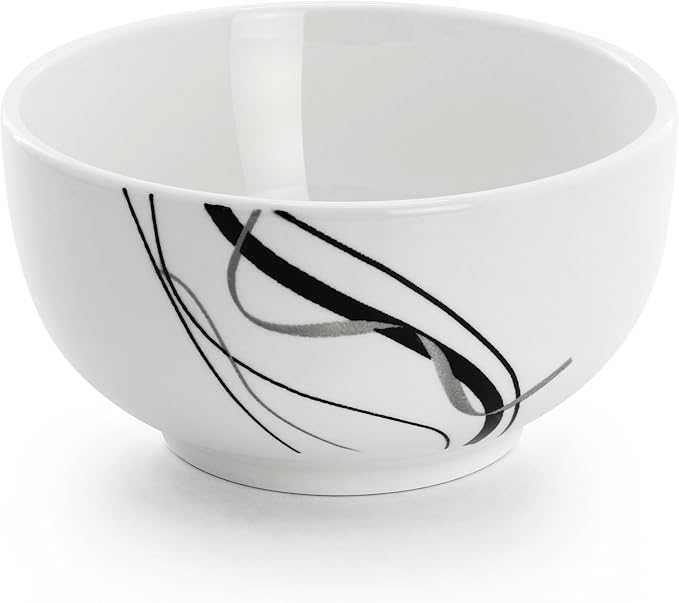 Elama Sarah 16 Piece Porcelain Double Bowl Black Ribbon Dinnerware Set Service for 4 in White and Black
